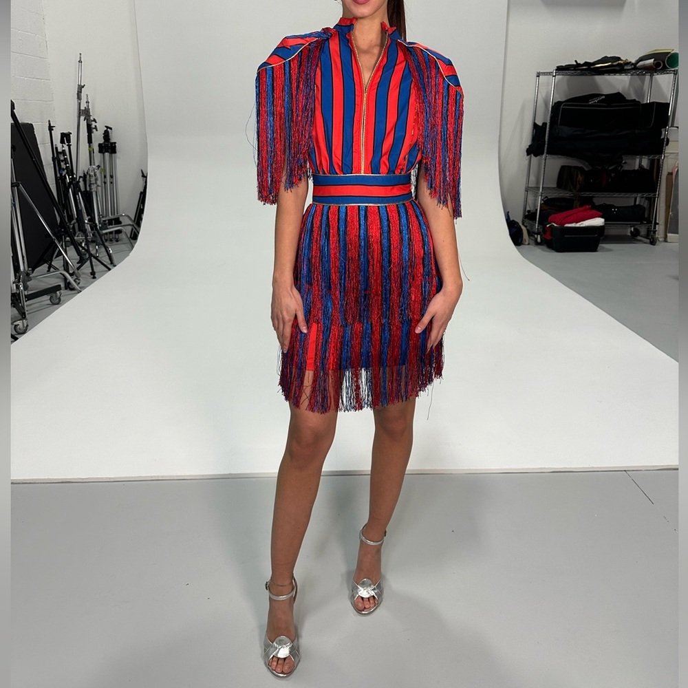 Striped Red and Blue Fringe tassel mini Dress